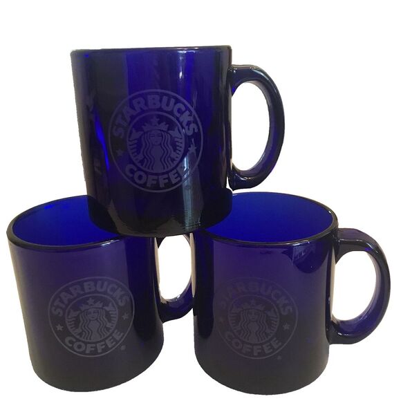 Starbucks Glass Coffee Mugs Cobalt Blue Etched Mermaid Logo USA Set of 3  12 oz - Picture 1 of 7
